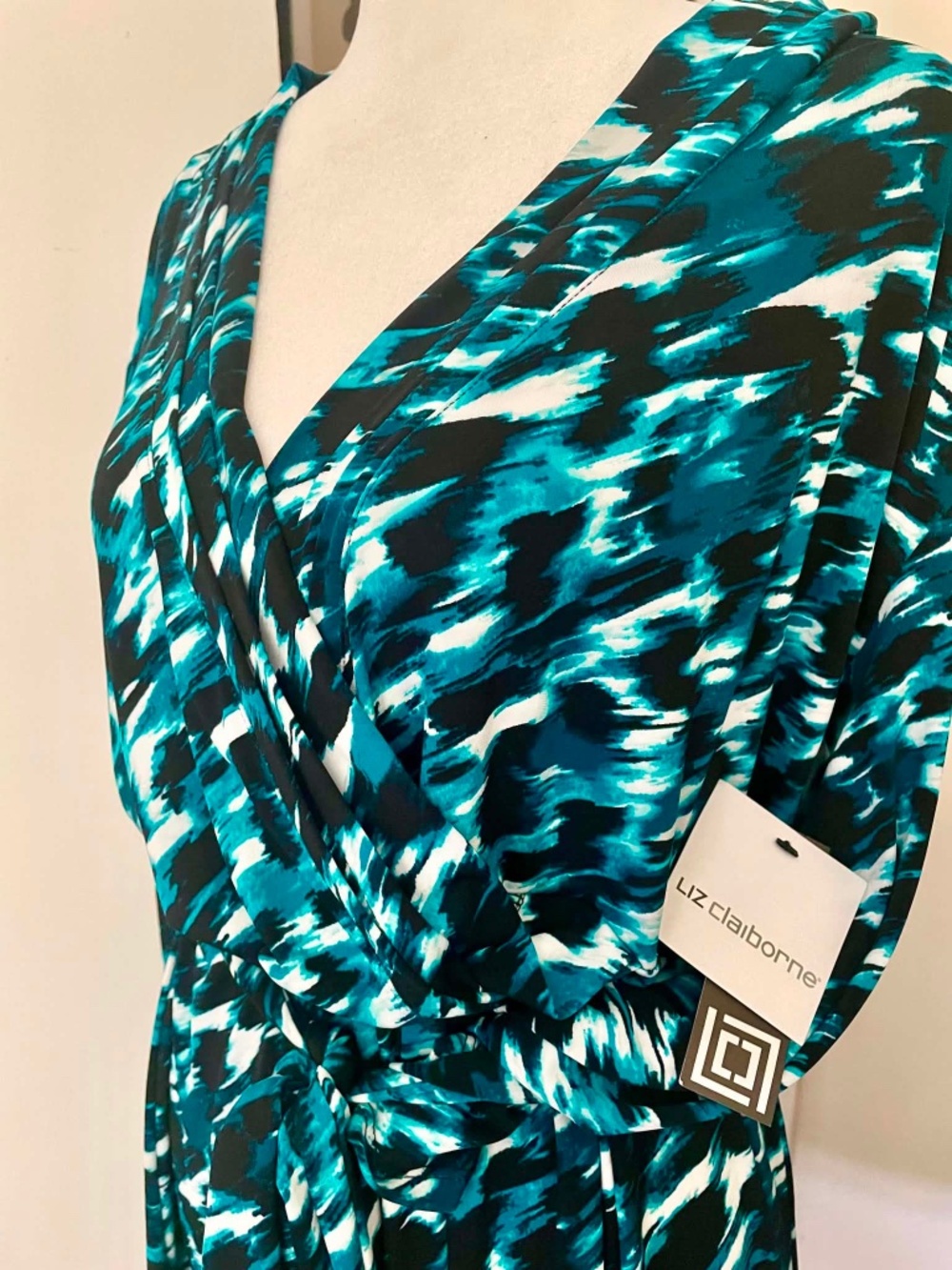 Liz Claiborne Faux Wrap Dress Women's Size XL Teal Black Abstract Print NWT